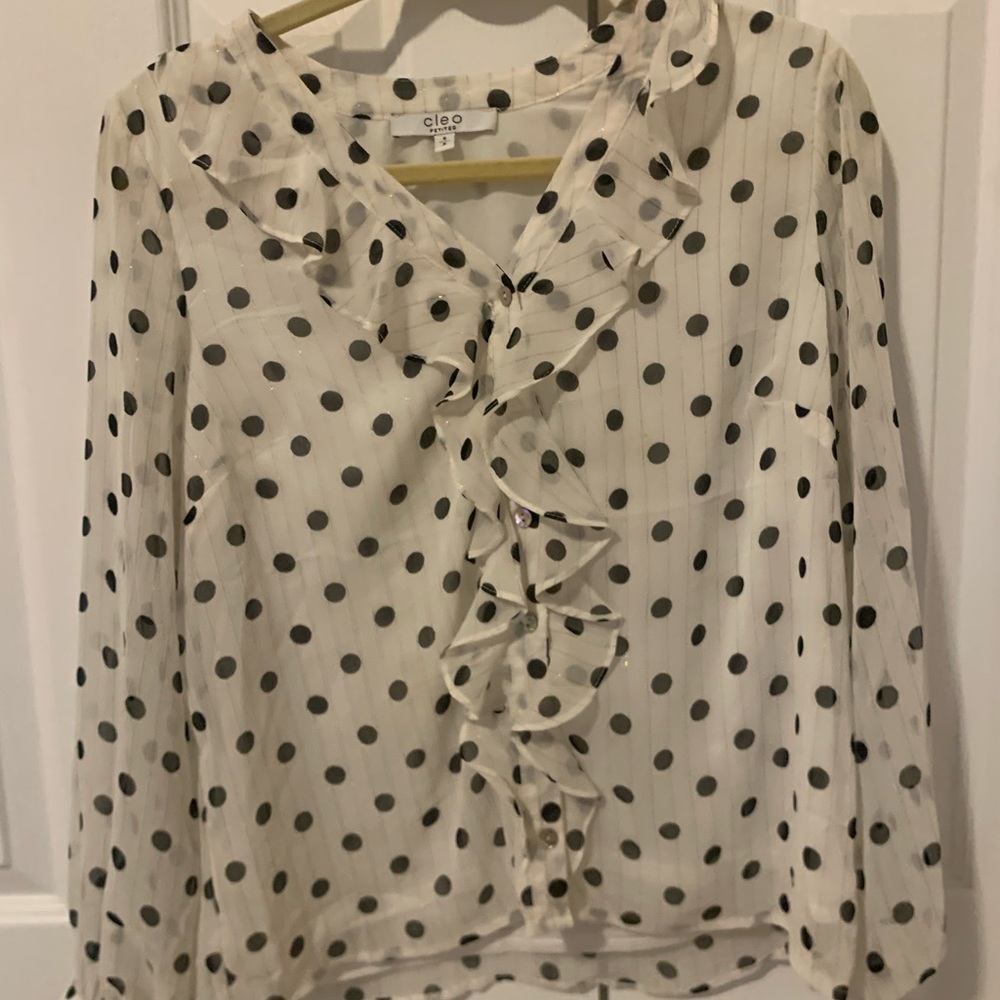 cleo Ivory Blouse with Black Polka Dots and Ruffle Front